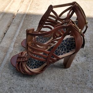 Cheetah Brown Leather Wood Heel Open Toe Sandals